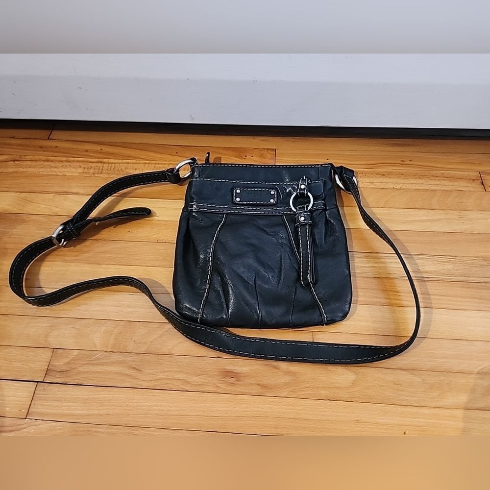 Tignanello black leather Crossbody purse W/accent stitching